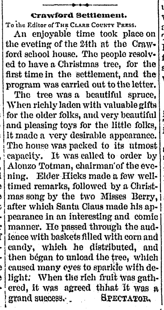 Clare County Press 02 January 1880
Crawford Settlement Christmas