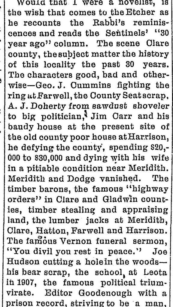 Clare Sentinel 27 August 1909 The scene Clare county, the subject matter the history of this locality the past 30 years.